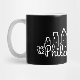 Philly Skyline Script White Line Art Philadelphia Love Liberty Bell Mug